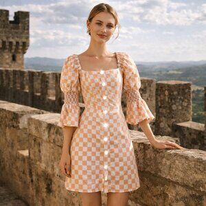 NWT WAYF Juliet Sleeves Fit-n-Flare Mini Dress Peaches & Cream Check XS